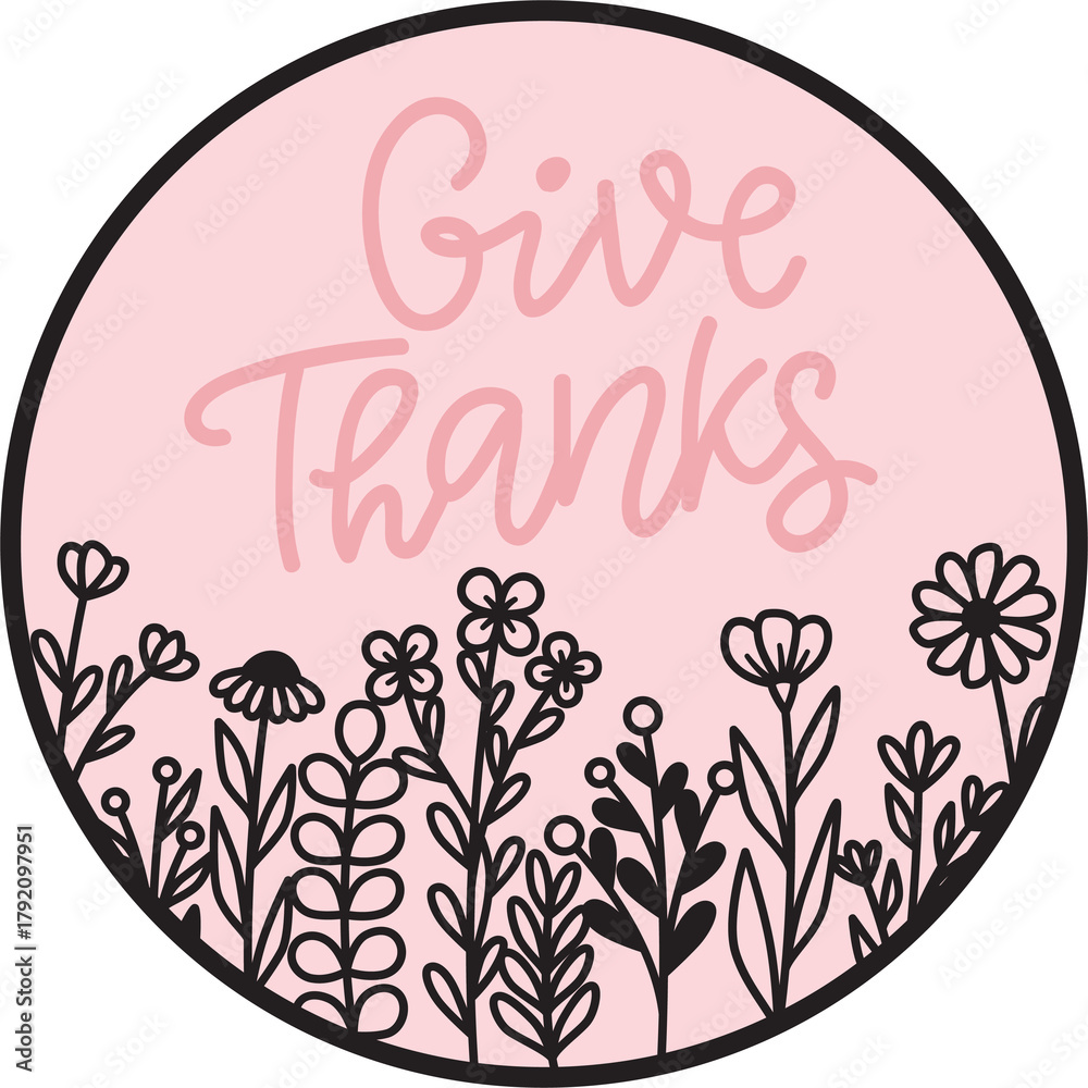 Obraz premium Give thanks wildflower meadow round sign png, flower field frame wreath, front door hanger, table or shelf sitter, clipart, image illustration