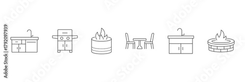 Backyard firepit line icon. Outdoor kitchen gray line icons. kitchen, patio, fireplace, chiminea, pizza oven, firewood, propane tank and more icons. Vector illustration.