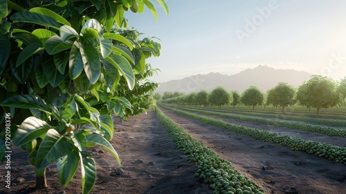 A photorealistic image of a pistachio orchard with ripe pistachios.