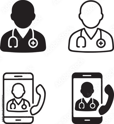 Isolated Telemedicine black vector icon set, telemedicine icons, doctor phone call healthcare online consultation design, solid black outline filled minimal thin stroke, digital health medical symbols