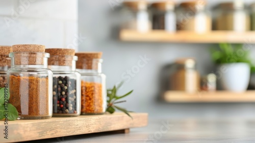 Modern spice rack with jars of dried bay leaves, set against a clean, contemporary kitchen backdrop.