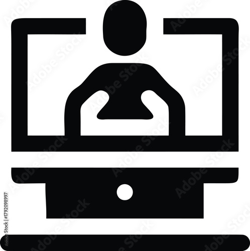 Online video conference icon with person on laptop screen for remote work
