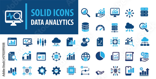 Data analysis glyph solid icons. Containing analysing, research, searching solid icons collection