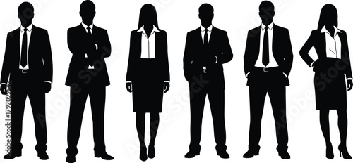 Business silhouettes, corporate professionals, formal attire, confident posture, leadership, teamwork, diversity, office culture, executive mindset, career success, strategy, unity,