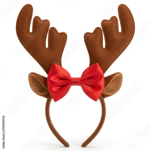 Cute soft Christmas reindeer accessory ears and antlers with a bow headband for holiday celebrations and festive events on a white background 