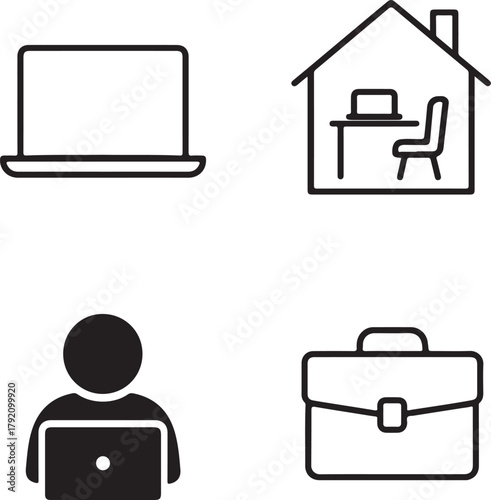 Isolated Remote Work black vector icon set, remote work icons, laptop home office freelance job design, solid black outline filled minimal thin stroke, telecommuting digital work symbols