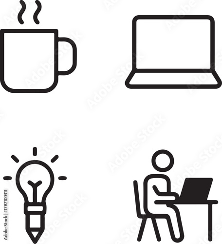 Isolated Freelancer Lifestyle black vector icon set, freelancer icons, coffee laptop creativity remote design, solid black outline filled minimal thin stroke, work from home productivity symbols