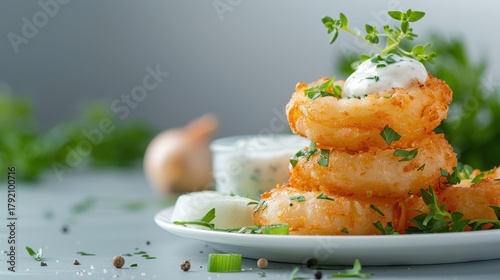 Onion-based snack like onion rings or onion dip, with fresh onions as garnish, set against a clean background.