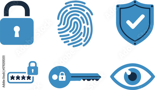 Security Icons Padlock Fingerprint Shield Password Key and Eye.