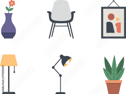 Interior Decor Elements Vase Chair Art Lamps and Plant.