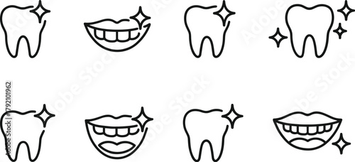 Dental health and tooth care icons set. Healthy teeth, cavity, protection, prevention, dentistry. Outline vector illustrations