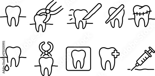Dental health and tooth care icons set. Healthy teeth, cavity, protection, prevention, dentistry. Outline vector illustrations