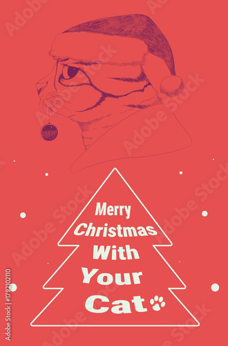 Tabby cat drawing line art wearing a Santa hat with the text “Merry Christmas With Your Cat” inside a Christmas tree shape on a red background, Christmas cat vector design