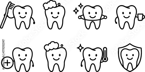 Dental health and tooth care icons set. Healthy teeth, cavity, protection, prevention, dentistry. Outline vector illustrations