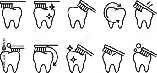 Dental health and tooth care icons set. Healthy teeth, cavity, protection, prevention, dentistry. Outline vector illustrations
