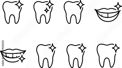 Dental health and tooth care icons set. Healthy teeth, cavity, protection, prevention, dentistry. Outline vector illustrations