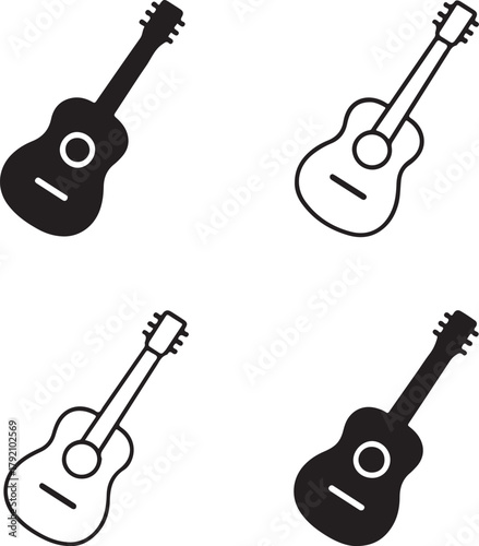 Isolated Acoustic Guitar black vector icon set, acoustic guitar icons, musical instrument sound melody design, solid black outline filled minimal thin stroke, music and sound symbols