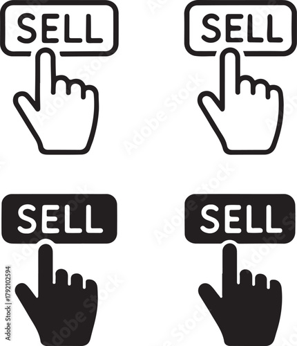 Isolated Hand Cursor Pointing Sell black vector icon set, sell button icons, e commerce online trading marketing design, solid black outline filled minimal thin stroke, digital commerce symbols