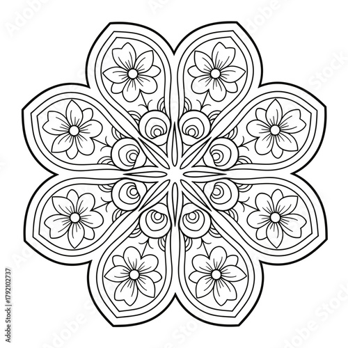 Mandala coloring page for kids featuring floral design elements  
