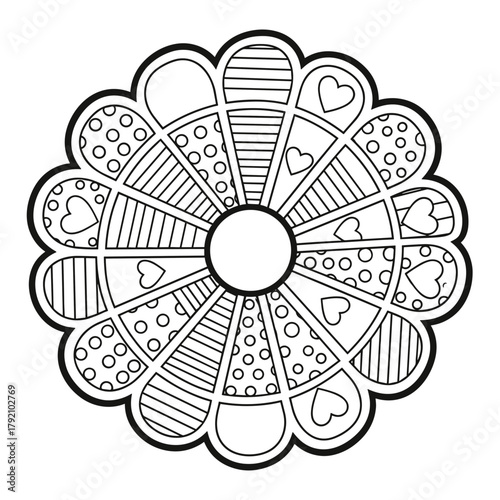 Mandala coloring page for kids with decorative hearts and patterns  