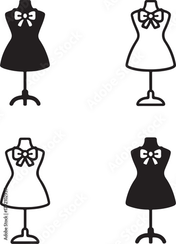 Isolated Mannequin with Dress and Bow black vector icon set, mannequin icons, fashion display clothing design, solid black outline filled minimal thin stroke, retail fashion and apparel symbols