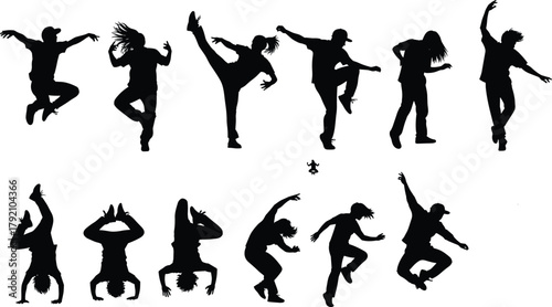 Hip hop dancer silhouettes, street dance poses, urban movement, expressive choreography, energetic body shapes, black figures, isolated on white background