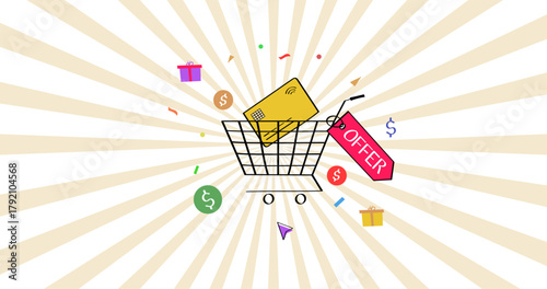 Shopping cart with credit card and offer tag – online promotion and sale vector background