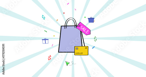 Shopping bag with sale tag and credit card – online shopping discount offer vector