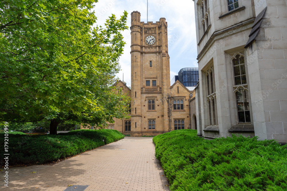 Obraz premium Magnificent architecture of Old Arts University of Melbourne from South Lawn, Australia