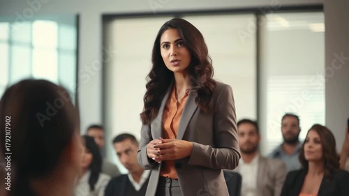 A professional woman speaks confidently to an audience in a business setting. The video captures her from a low angle, emphasizing leadership and engagement.