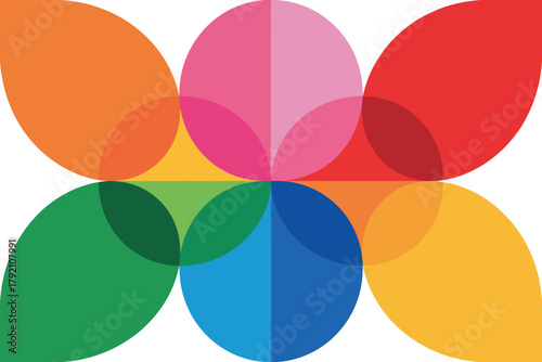 Abstract geometric pattern of overlapping circles and petal shapes in vibrant, translucent colors creates a visually dynamic and modern design.