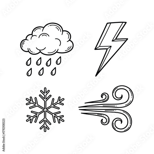 Detailed hand drawn weather forecast icons set with rain cloud, lightning bolt, snowflake, and swirling wind elements in simple line art style