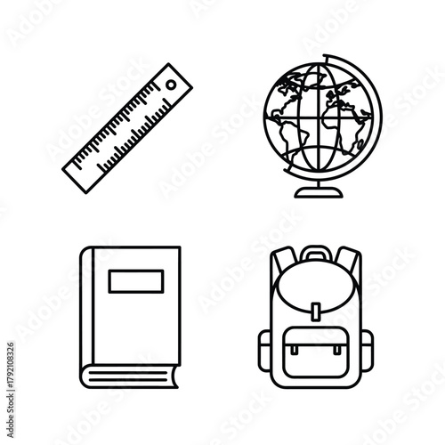 Detailed black and white line art illustration of educational supplies including a ruler, globe, textbook, and backpack on a plain white background, symbolizing learning and academic prepara