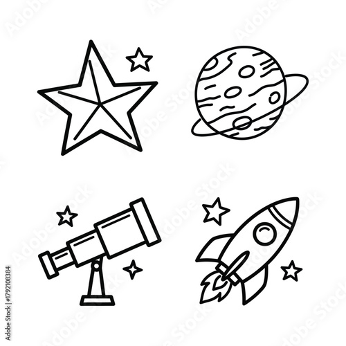 Hand drawn black and white illustration of a star, planet, telescope, and rocketship set against a plain white background, symbolizing space exploration with simple line art style in a celes