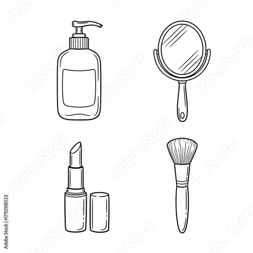 Detailed black and white illustration of skincare and makeup items including a pump bottle, hand mirror, lipstick with cap, and powder brush in a simple line art style, isolated on a plain w
