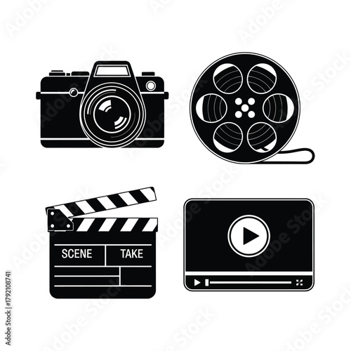 Film Making Icons Camera, Film Reel, Clapperboard, Video Player
