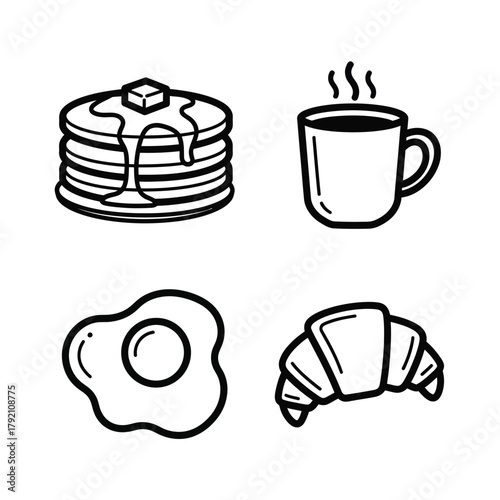 Breakfast Icons Pancakes, Coffee, Fried Egg, Croissant - Vector Illustration