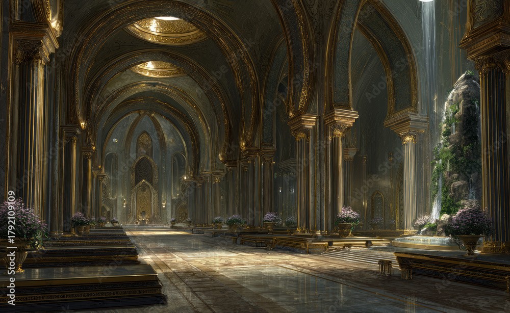 Fototapeta premium Ancient golden hall ornate arch gilded column marble floor sunbeam serene