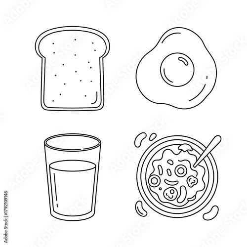 Breakfast Set Toast, Fried Egg, Milk, Cereal - Line Art Illustration