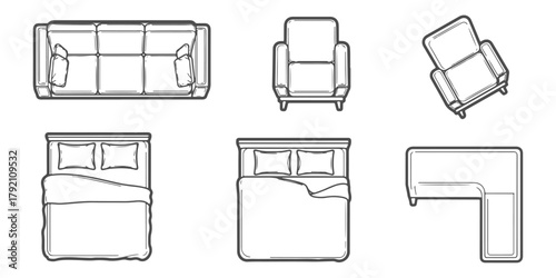 CAD Drawings. Top view of single furniture items — sofa, armchair, dining chair, bed, desk. Vector illustration.