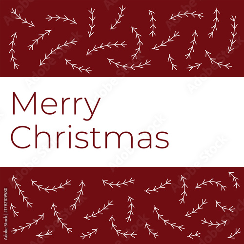 Minimalist Merry Christmas card with modern typography and hand-drawn branches on a red background. Elegant winter holiday greeting design for invitations, prints, or digital use.