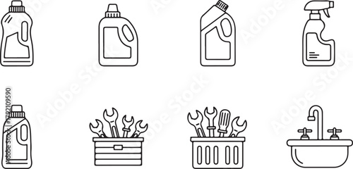 Cleaning Supplies, Tools, and Sink Icons: A Household Essentials Collection