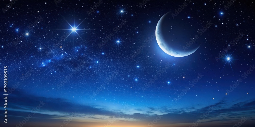 Fototapeta premium Dark celestial landscape with numerous stars and a crescent moon against a deep blue sky