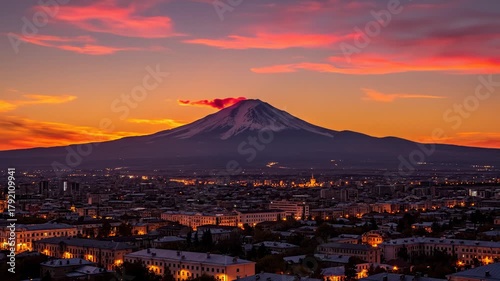 Cityscape Panorama at Sunset With Mount Ararat in the Distance, Armenia