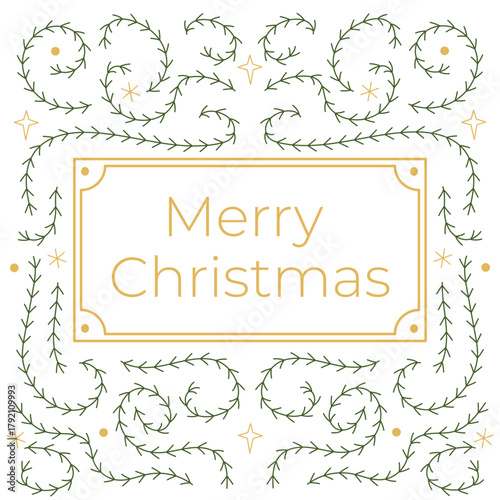 Elegant Merry Christmas card with green hand-drawn pine branches and golden frame. Minimalist festive greeting design perfect for holiday invitations, posters, and winter decorations.