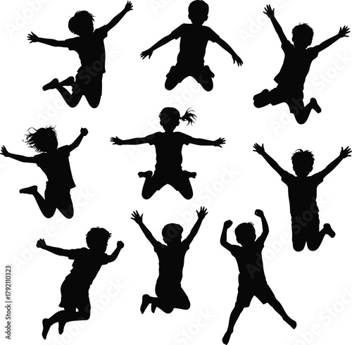 Collection of nine black silhouettes of children jumping joyfully on a white background kids playing