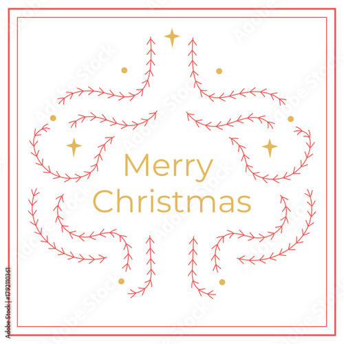 A minimalist Christmas card with hand-drawn red pine branches and gold lettering. This minimalist, festive design is perfect for invitations, posters, and winter decorations.