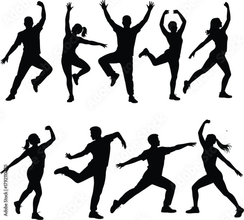Diverse Silhouettes of People in Dynamic Dance and Exercise Poses fitness