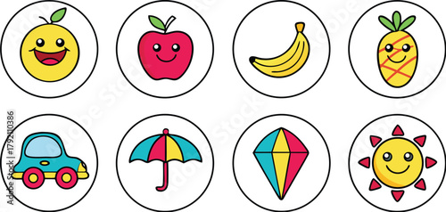 Set of Eight Cartoon Icons Featuring Fruits, Car, Umbrella, Gem, and Sun apple banana