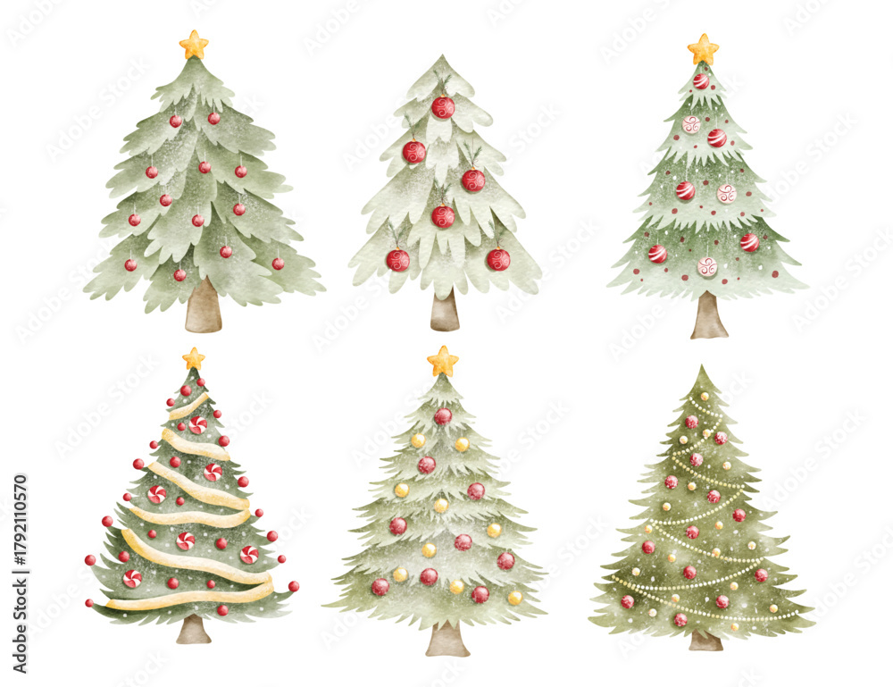 Obraz premium Watercolor Illustration Set of Christmas Tree and Ornaments